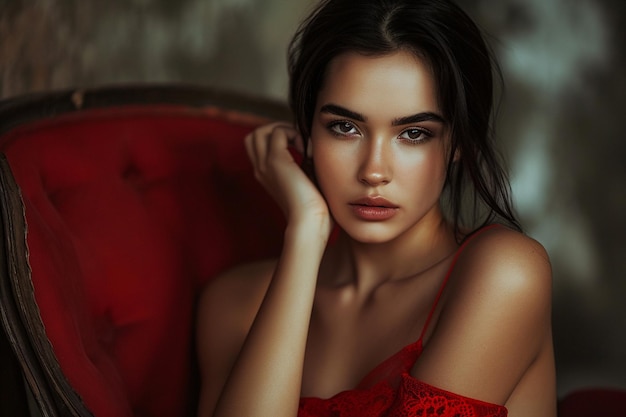 Photo woman in red dress sitting on red chair