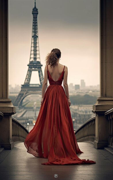 A woman in a red dress standing on a bridge