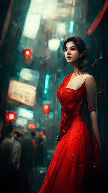 woman in red dress standing in a city street with traffic lights generative ai