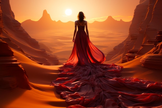 A woman in a red dress standing in a desert A woman in a striking red dress standing alone in a vast desert landscape