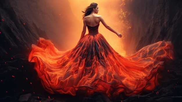 Woman in red dress standing in fire filled room