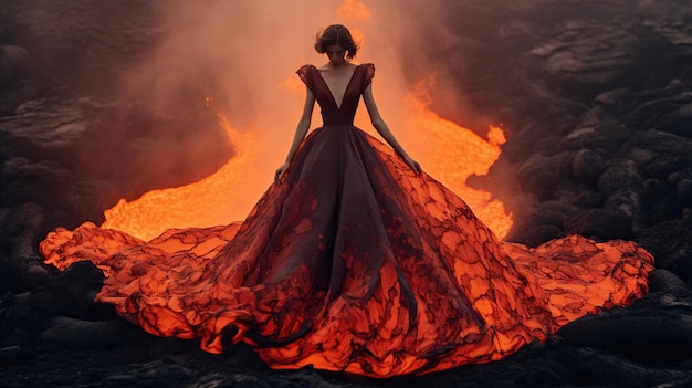 Woman in red dress standing in fire filled room