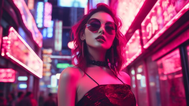 a woman in a red dress standing in front of neon signs