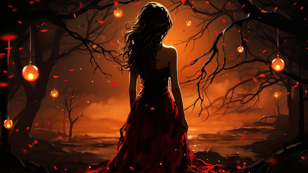 woman in red dress standing near trees surrounded by candle Digital concept illustration painting