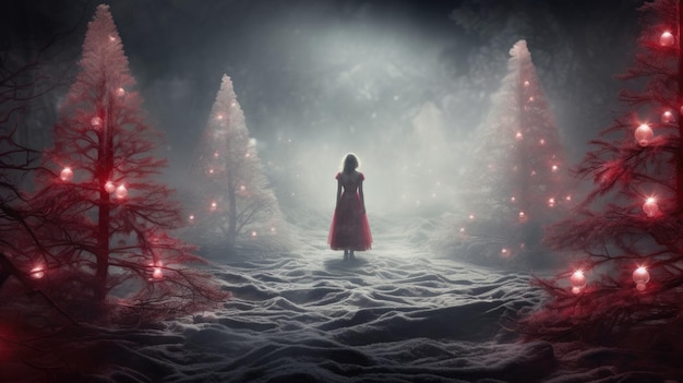 a woman in a red dress standing in a snowy forest