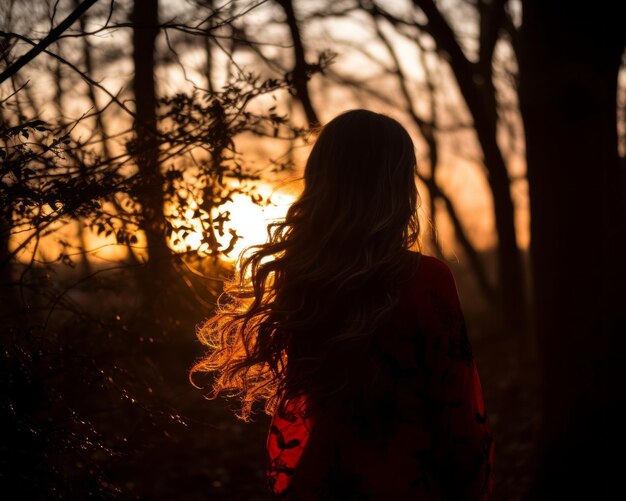 a woman in a red dress standing in the woods at sunset