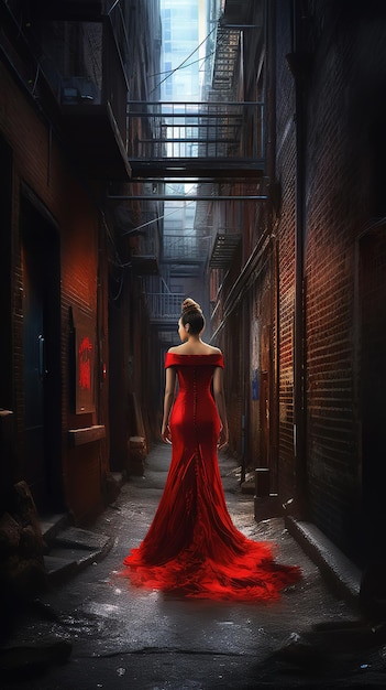 A woman in a red dress stands in an alley.