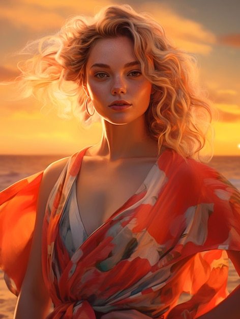 Женщина в красном платье стоит на пляже на закате.