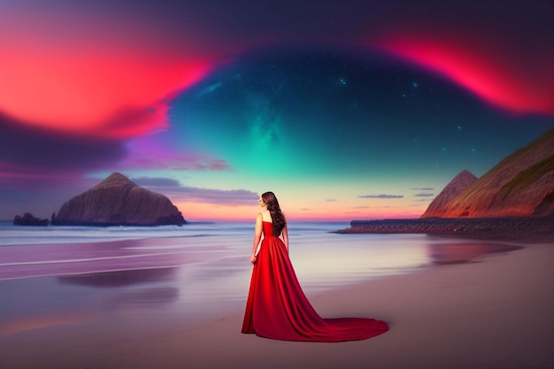 A woman in a red dress stands on a beach with a rainbow in the background.