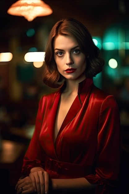 A woman in a red dress stands in a dark room.