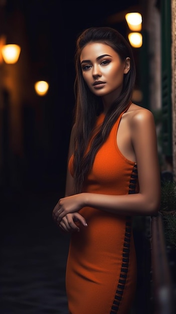 A woman in a red dress stands in the dark.