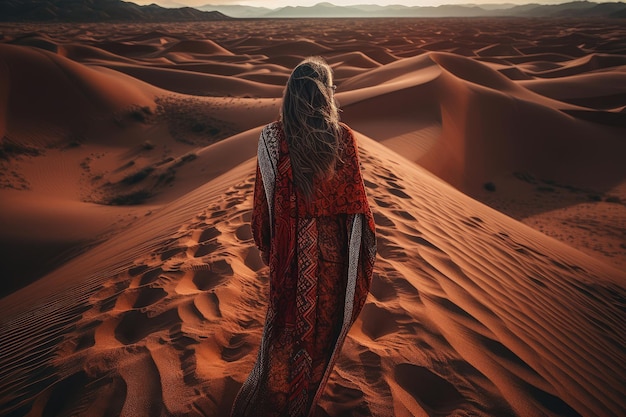 Foto una donna con un vestito rosso si trova nel deserto.