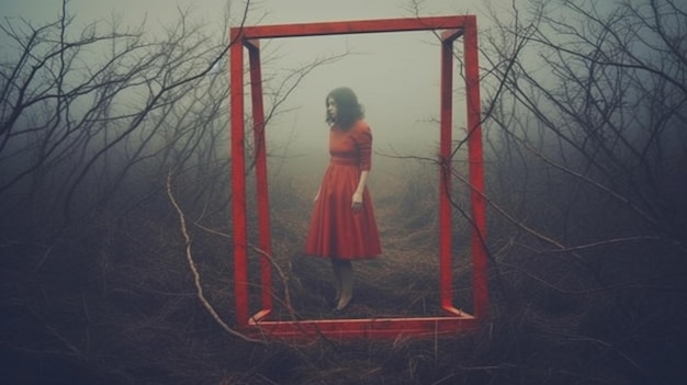 A woman in a red dress stands in a frame in the woods.