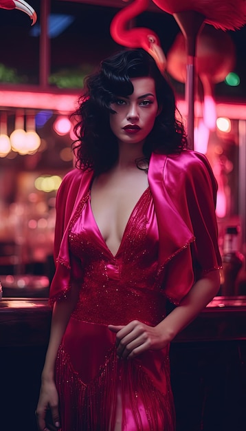 A woman in a red dress stands in front of a bar with a neon sign that says'love is in the background '