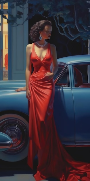 A woman in a red dress stands in front of a blue car