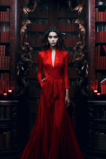 A woman in a red dress stands in front of a bookshelf.