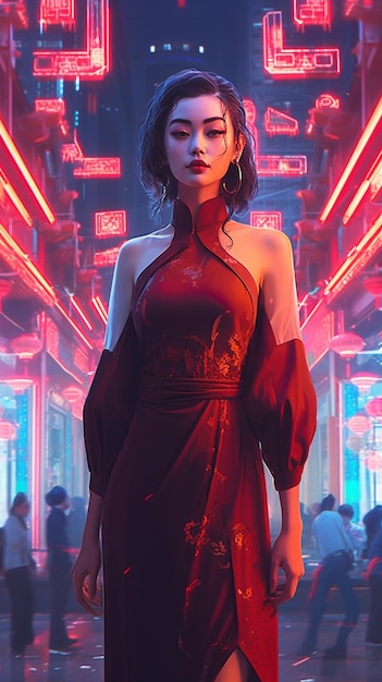 A woman in a red dress stands in front of a neon sign that says'cyberpunk '