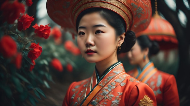 Photo a woman in a red dress stands in front of a red flower.