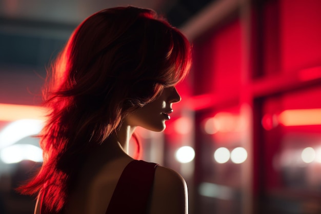 a woman in a red dress stands in front of a red light