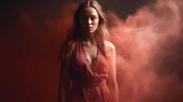 Женщина в красном платье стоит перед красной дымовой шашкой.