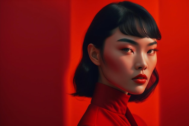 A woman in a red dress stands in front of a red wall.