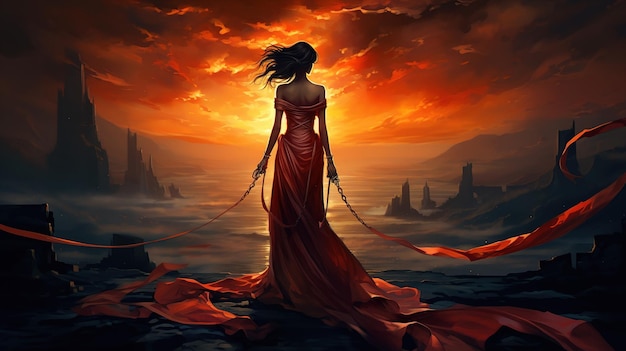 a woman in a red dress stands on a lake with mountains in the background.