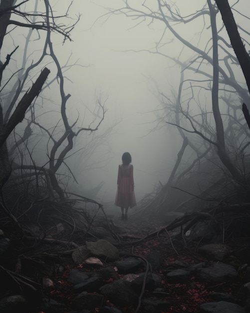 a woman in a red dress stands in the middle of a dark forest