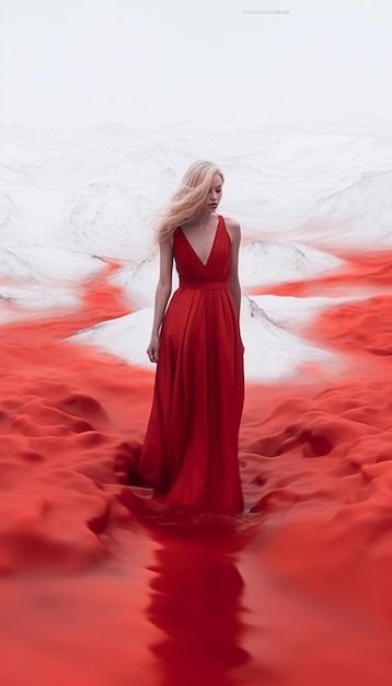 A woman in a red dress stands in a red dress