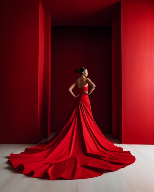 A woman in a red dress stands in a room with red walls and a doorway.