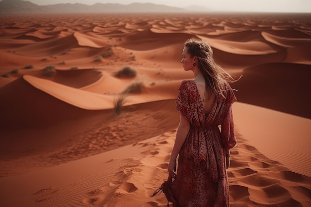 A woman in a red dress stands in the sand in the desert.