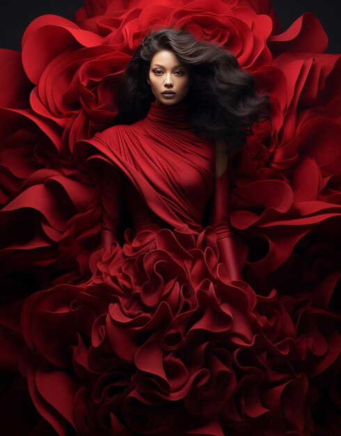 Woman in Red Dress Surrounded by Red Flowers