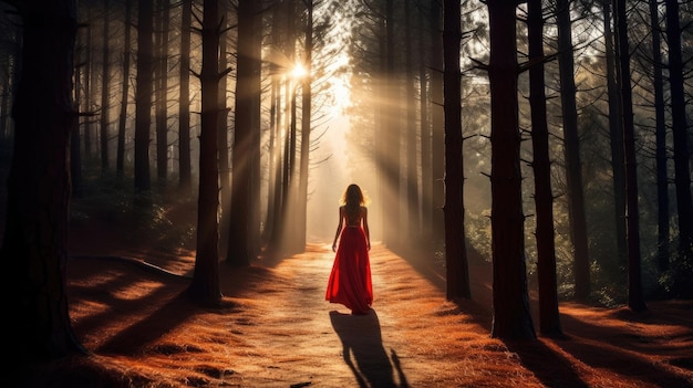 新緑の落葉樹の風光明媚な森の小道を、葉の間から太陽の光が差し込む赤いドレスを着た女性が歩いている