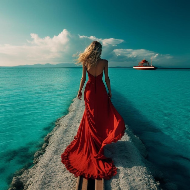 woman in red dress walking on a pier in front of a boat.