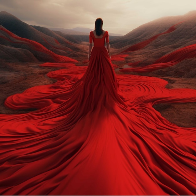 Woman in red dress walking on red mountain path 3d render