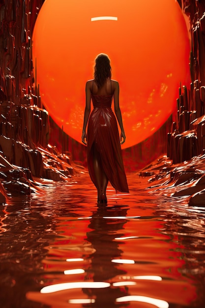 a woman in a red dress walking in water