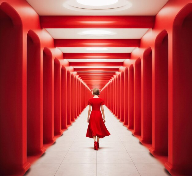 woman in red dress walking in white corridor