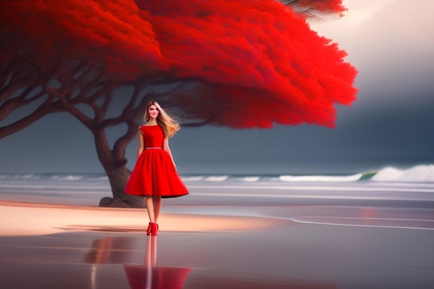 A woman in a red dress walks on the beach in front of a tree.