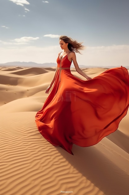 A woman in a red dress walks in the desert.
