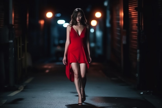 A woman in a red dress walks down a dark alley