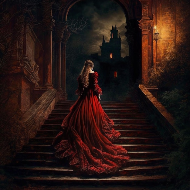 A woman in a red dress walks down the stairs with a castle in the background.