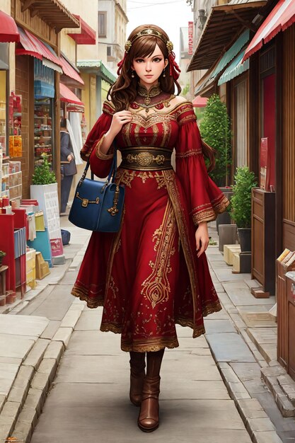 A woman in a red dress walks down a street in a chinese style.