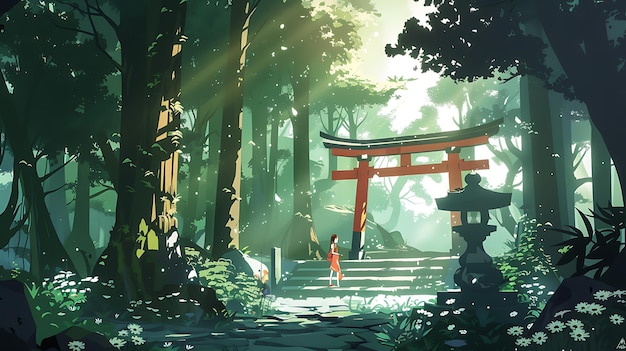 woman in red dress walks towards a torii gate in a sundappled forest