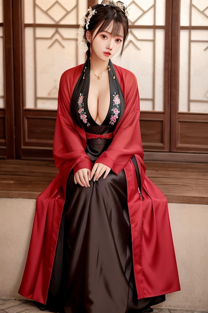 A woman in a red dress with a black belt and a red sash sits on a ledge.