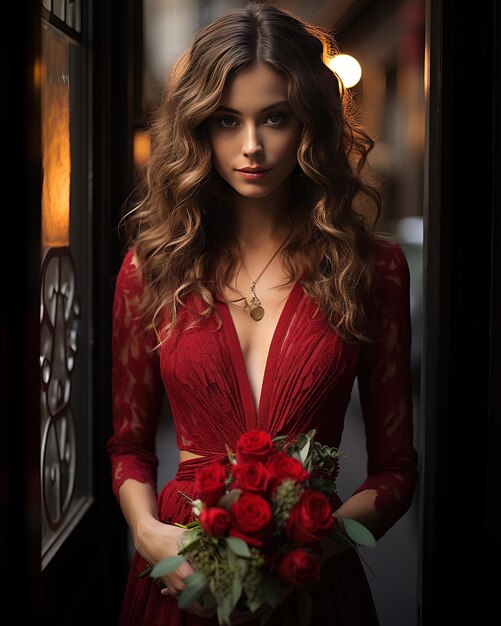 Foto una donna in un vestito rosso con un bouquet di rose