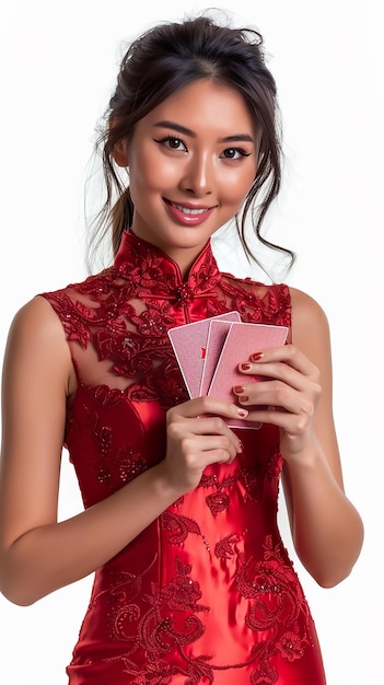 a woman in a red dress with a card in her hand