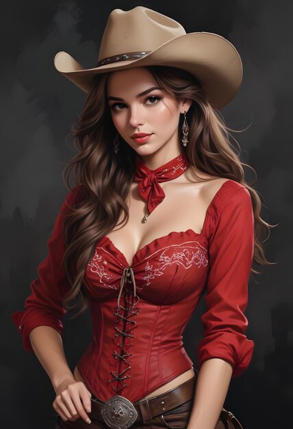 a woman in a red dress with a cowboy hat on her head