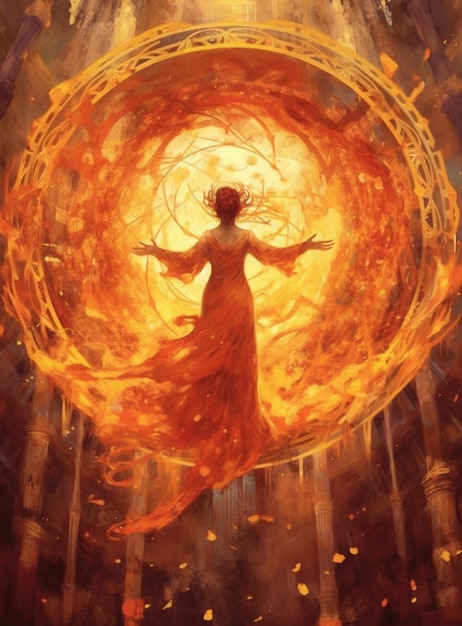 A woman in a red dress with a fireball in the center