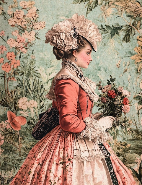 a woman in a red dress with flowers and a bag