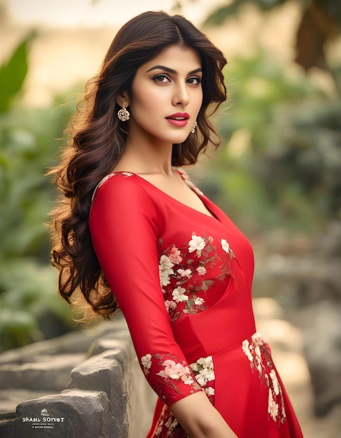 a woman in a red dress with flowers on the front