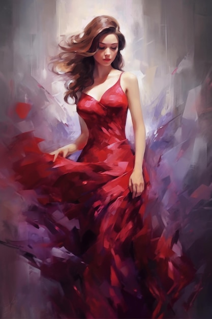 A woman in a red dress with a flowing skirt